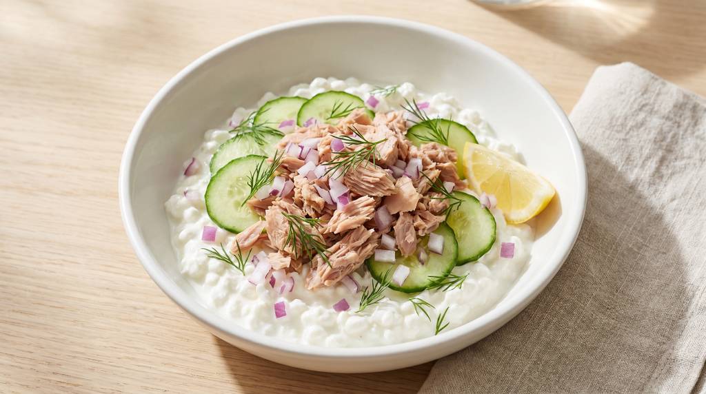Cottage-Cheese-Bowl mit Thunfisch, Gurkenscheiben und frischem Dill in einer weißen Schüssel auf hellem Holzuntergrund