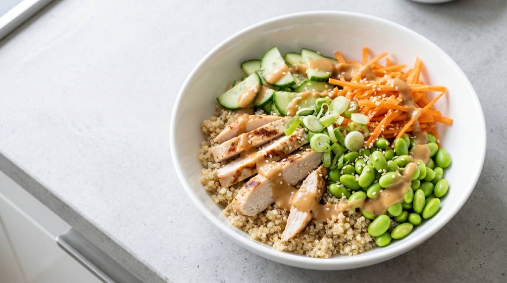 Putenbrust-Bowl mit Quinoa, Edamame, Gurke, Karotte und Erdnuss-Dressing in einer weißen Schüssel