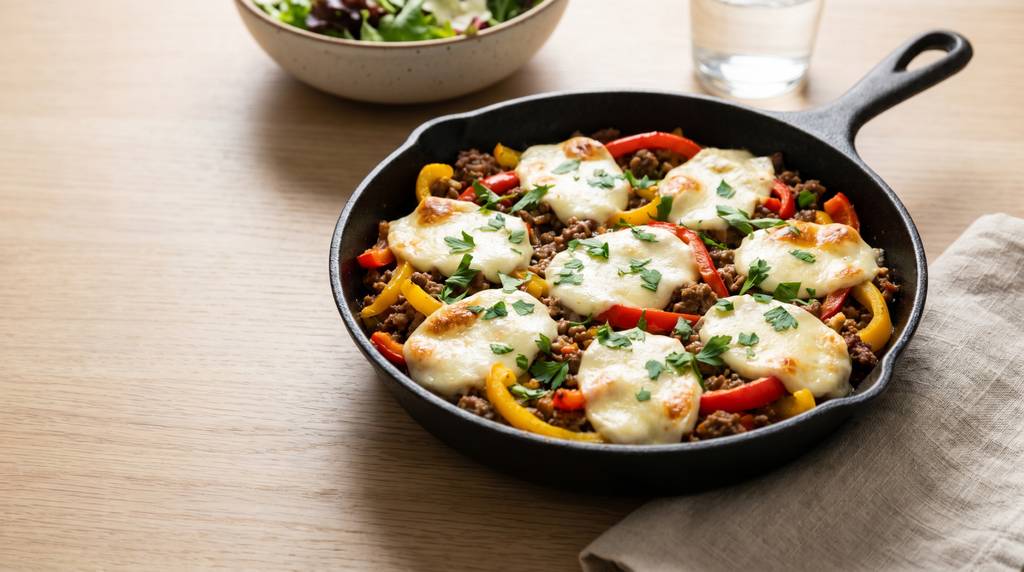 Low Carb Hackfleisch-Paprika-Pfanne mit geschmolzenem Mozzarella in einer schwarzen Eisenpfanne, garniert mit frischer Petersilie