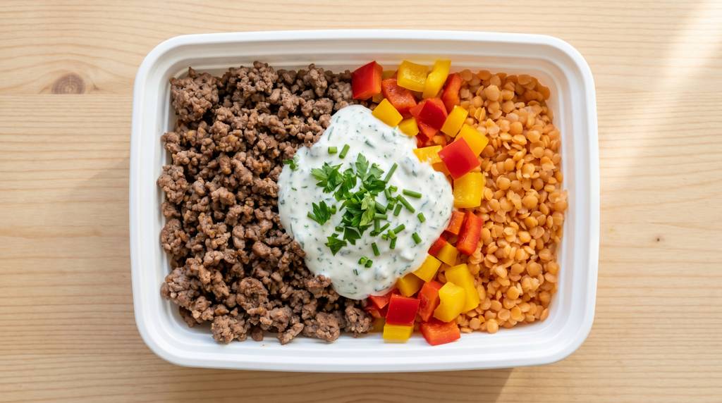 Meal Prep Bowl mit angebratenem Rinderhack, roten Linsen und bunter Paprika, belegt mit einem Klecks Kräuter-Joghurt, in einem weißen Meal-Prep-Behälter auf hellem Holzuntergrund