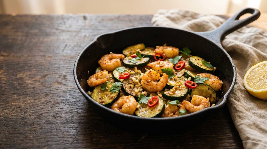 Low Carb Garnelen-Zucchini-Pfanne mit Knoblauch und Chili in einer schwarzen Eisenpfanne, garniert mit frischer Petersilie