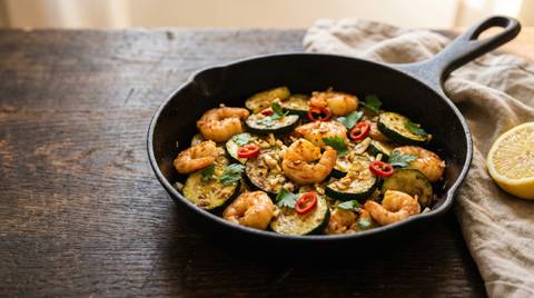 Low Carb Garnelen-Zucchini-Pfanne mit Knoblauch und Chili