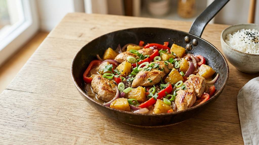 Hähnchen-Ananas-Pfanne mit Paprika und Frühlingszwiebeln in einer dunklen Pfanne, serviert mit Basmatireis