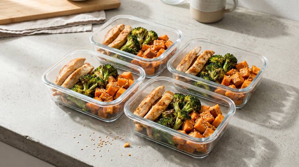 Meal Prep Behälter mit gebratenen Putenbruststreifen, geröstetem Brokkoli, Süßkartoffelwürfeln und Sesam auf hellem Hintergrund