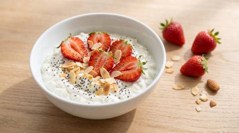 High Protein Magerquark-Bowl mit Erdbeeren, Mandeln und Chiasamen