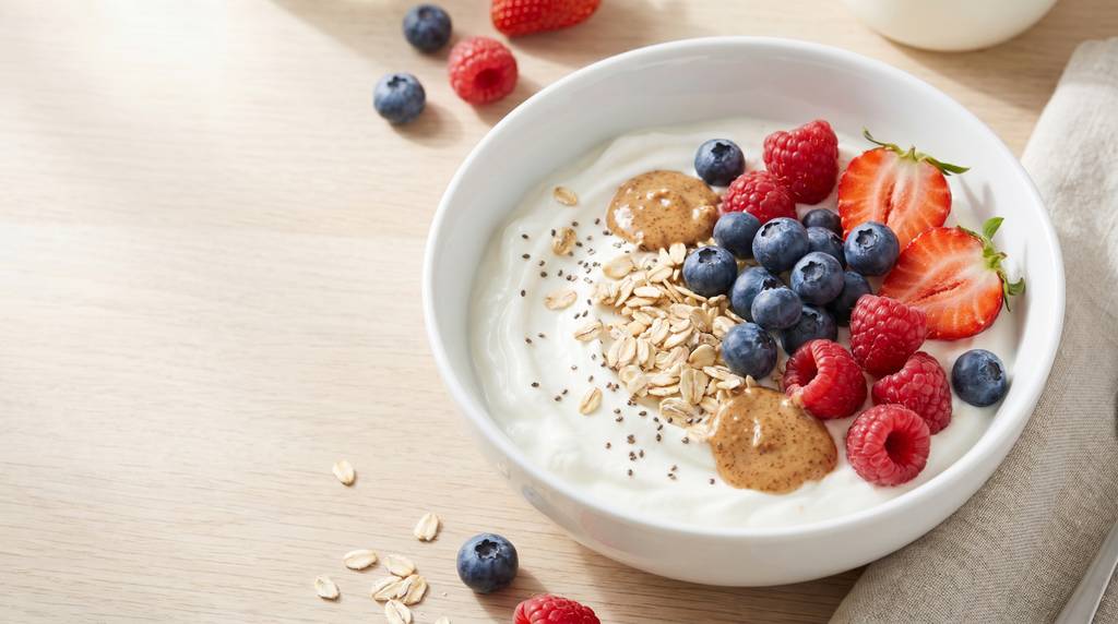 Skyr-Bowl mit gemischten Beeren, Haferflocken und einem Klecks Mandelbutter in einer weißen Schüssel auf hellem Holzuntergrund