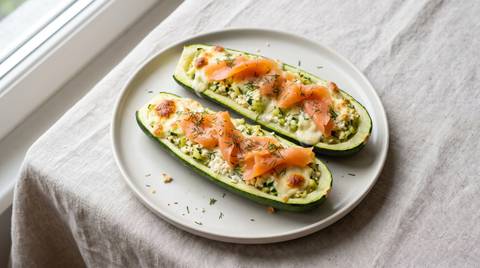 Low Carb Zucchini-Boote mit Hüttenkäse und Räucherlachs