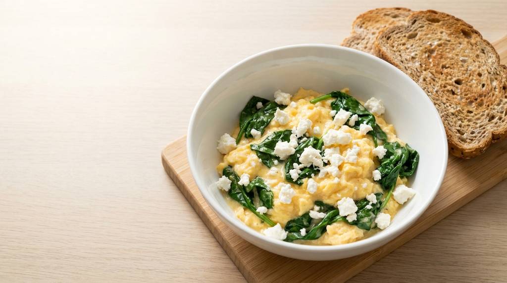 Rührei-Bowl mit cremigem Rührei, Blattspinat und Fetawürfeln in einer weißen Bowl, daneben zwei Scheiben geröstetes Vollkornbrot auf einem Holzbrett