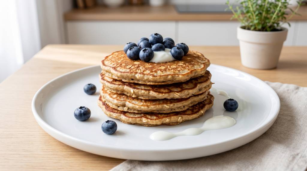 Gestapelte Protein-Pancakes ohne Zucker auf einem weißen Teller, garniert mit frischen Blaubeeren und einem Klecks Naturjoghurt, natürliches Tageslicht