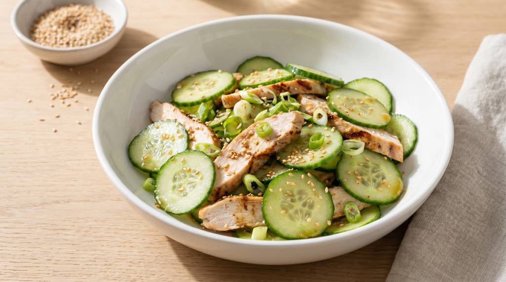 Gurkensalat mit gebratenem Sesamhuhn in einer weißen Schüssel, bestreut mit Sesamsamen und Frühlingszwiebeln