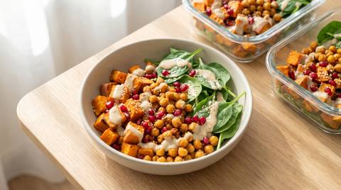 Meal Prep Süßkartoffel-Bowl mit Kichererbsen und Tahini-Dressing