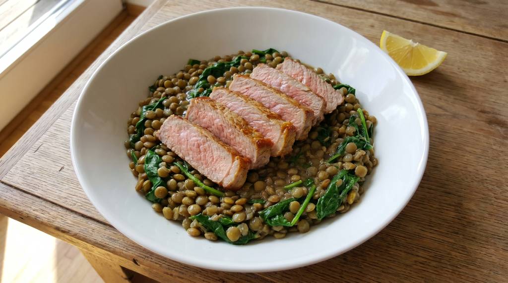 Rindersteak-Streifen auf Tellerlinsen mit frischem Blattspinat in einer weißen Schüssel