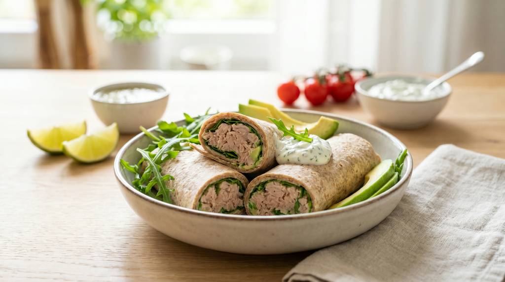 Zwei halbierte Thunfisch-Wraps mit Avocado, Rucola und Limetten-Quark auf einem Holzbrett, im Hintergrund eine aufgeschnittene Limette