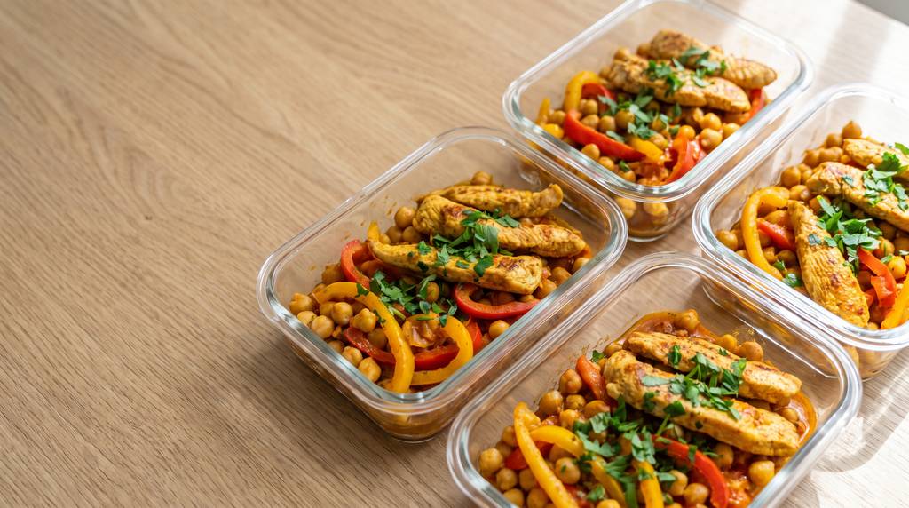 Meal Prep Box mit Putenbruststreifen, Kichererbsen, roter und gelber Paprika in Kurkuma-Tomatensauce