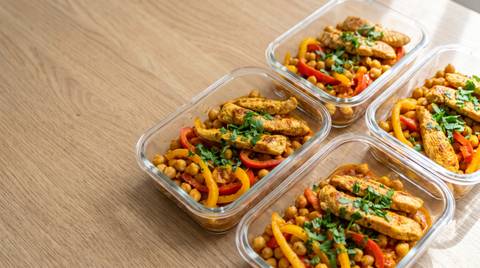Meal Prep Putenbruststreifen mit Kichererbsen, Paprika und Kurkuma