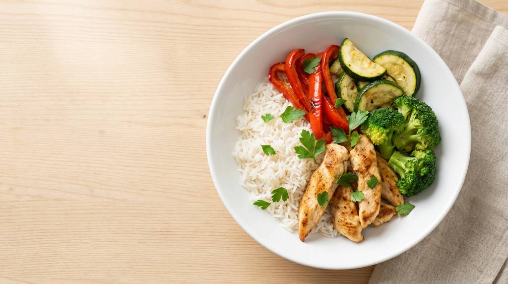 Hähnchen-Reis-Bowl mit gegrillten Hähnchenstreifen, Basmatireis, Paprika, Zucchini und Brokkoli in einer weißen Bowl auf hellem Holzuntergrund